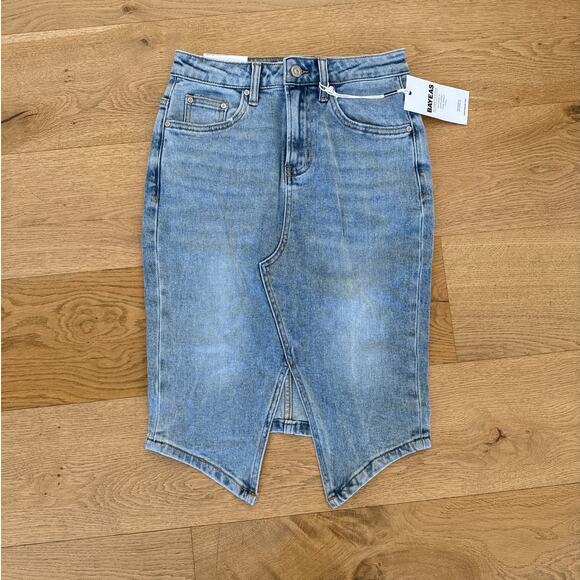 Bayeas - Tara Mid Rise Slit Denim Midi Skirt in Blue - Picture 1 of 4